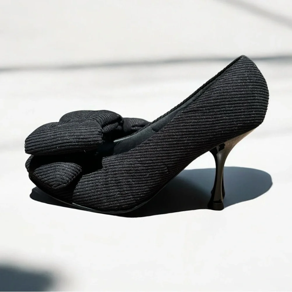 🌻NEW Jeffrey Campbell Black Bow-up Cord Pumps Heels Women's Size 5.5